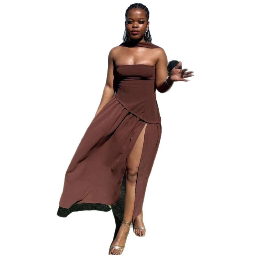 ZARA Sexy African Sleeveless Off Shoulder Solid Color Maxi Slit Dress